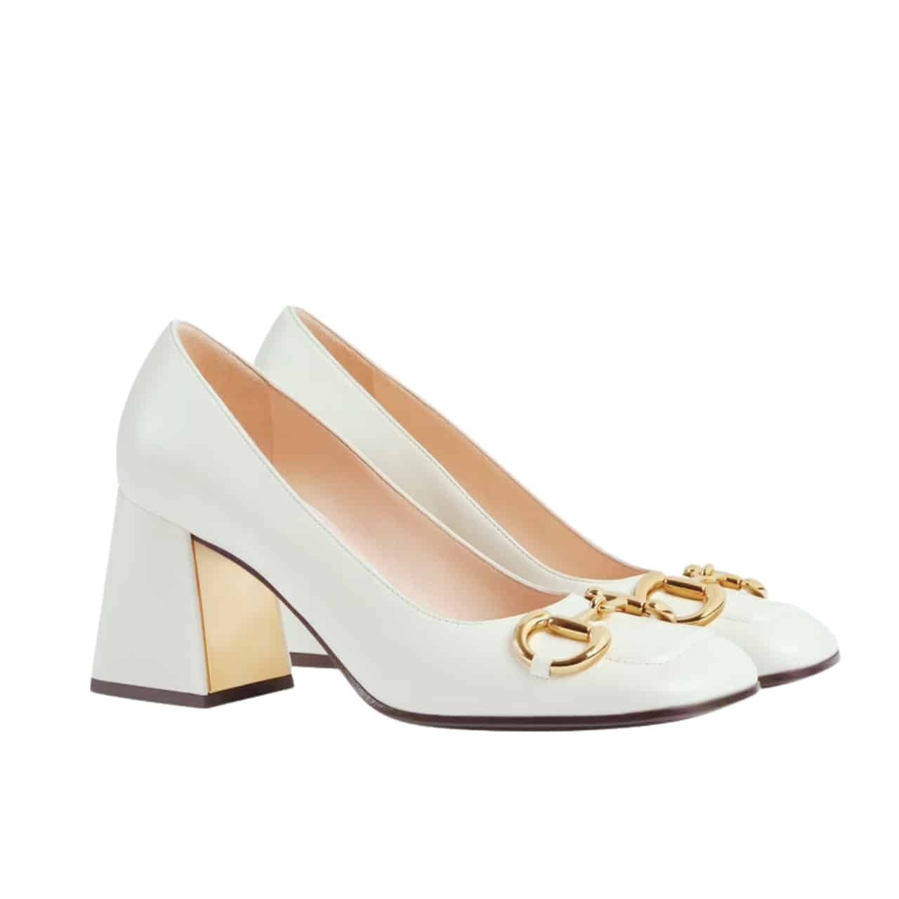 101-1-2 Gucci Women’S Mid Heel Pump With Horsebit White Leather 643886 C9D00 9022 - Image 1