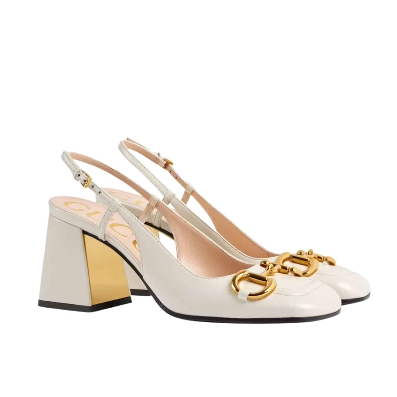 107-1-1 Gucci Women’S Mid Heel Slingback With Horsebit White 643892 C9D00 9022 - Image 1