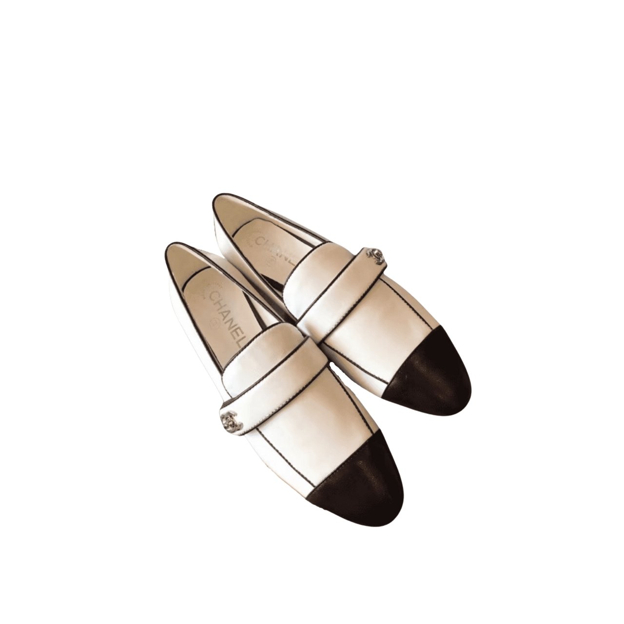 Thumbnail-12-5 Chanel Leather CC Cap Toe Slip On Loafers White - Image 1